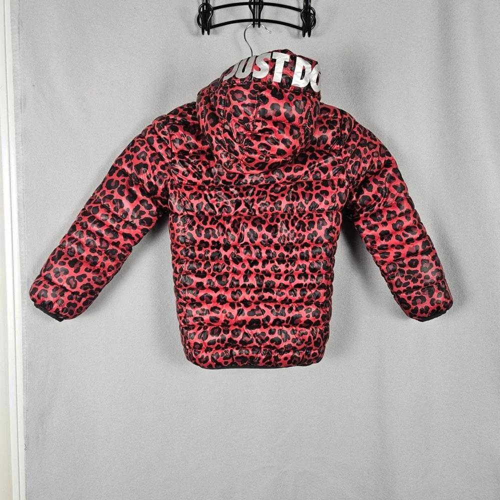 Nike Girls Leopard Print Lined Puffer Jacket Size 4 XS Just Do It Spellout Warm